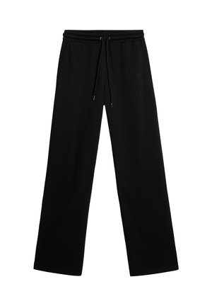 Black sweatpants made from soft fabric, featuring a drawstring waist, wide leg design, and no visible patterns or accents.