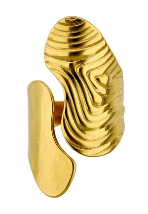 Złote spinki do mankietów, z których jedna ma gładką powierzchnię, a druga teksturowany, falisty wzór przypominający linie topograficzne.