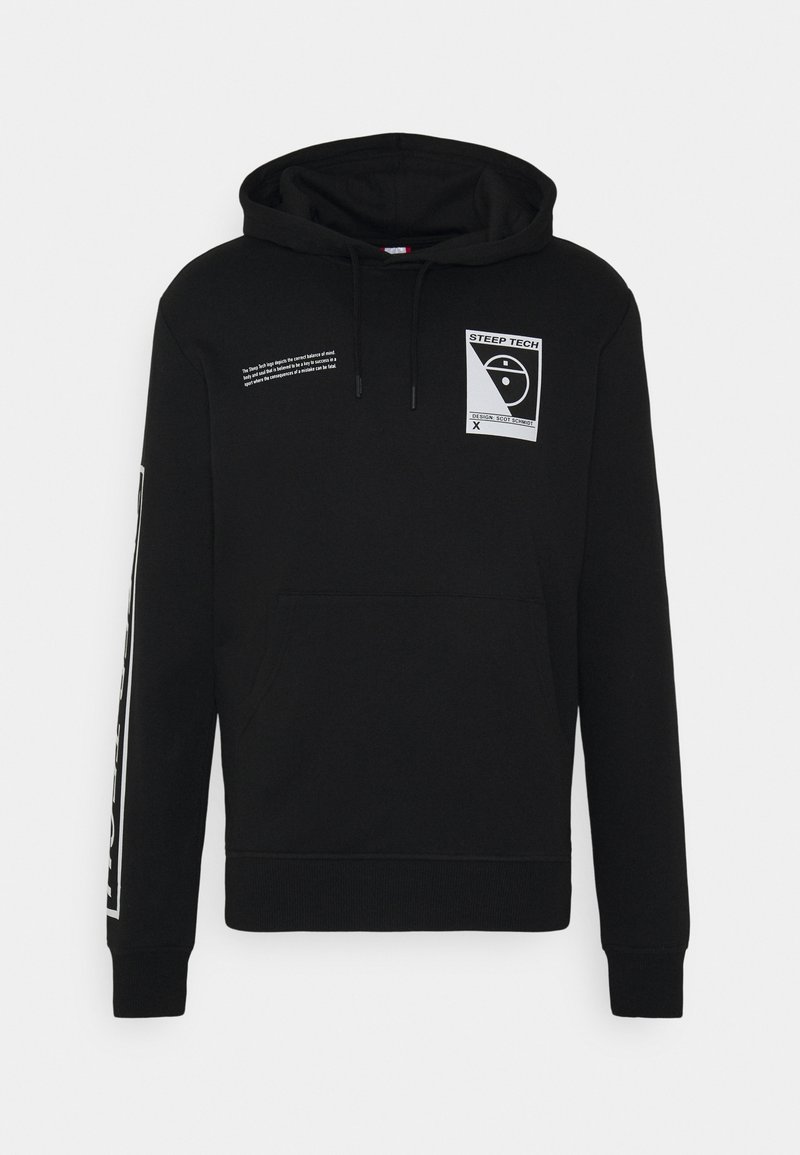 Sweat à capuche noir avec poche kangourou à l'avant, capuche avec cordons, logo blanc "Steep Tech" et détails de texte sur la poitrine et le long de la manche gauche.