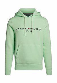 Felpa verde menta realizzata in misto cotone. Presenta una tasca a marsupio frontale, coulisse regolabili e il logo "TOMMY HILFIGER EST. 1985".