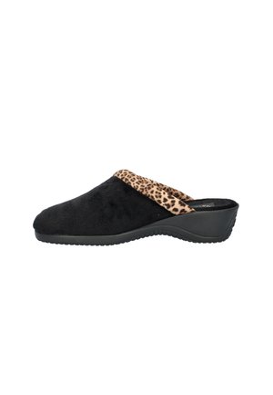 Black slip-on clogs with a soft, textured fabric upper and leopard print accent on the collar. Features a low wedge sole.