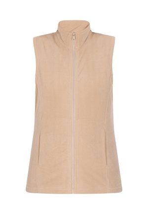 Bež flis brezrokavnik z visokim ovratnikom, sprednjim zadrgo in dvema stranskima žepe. Gladka tekstura, brezrokaven dizajn in prilegajoč kroj.