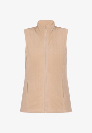 Beige Fleece-Weste mit hohem Kragen, Frontreißverschluss und zwei Seitentaschen. Glatte Textur, ärmelloses Design und taillierte Passform.