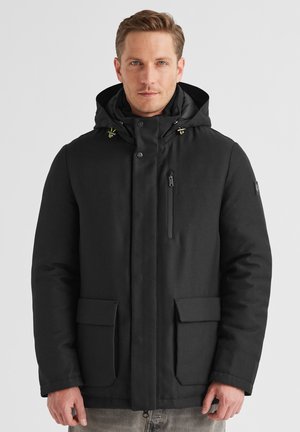 Schwarze isolierte Jacke mit Kapuze, Reißverschluss-Brusttasche und zwei aufgesetzten Fronttaschen. Verfügt über eine glatte Textur und verstellbare Beschläge.