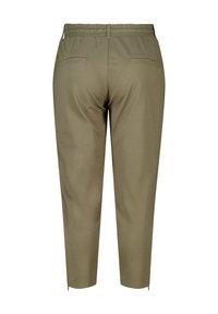 Olijfgroene broek met elastische tailleband, twee achterzakken en ritsen bij de enkels. Glad stof met een aansluitend, taps toelopend ontwerp.