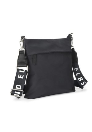 Black crossbody bag with fold-over top, zipper, and adjustable fabric strap featuring white "ELBSAND" text.