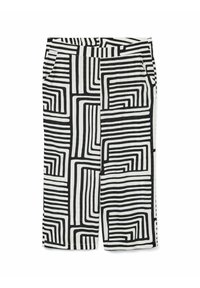 Pantaloni a righe bianche e nere con un design geometrico, caratterizzati da linee orizzontali e verticali, e tasche laterali. Realizzati in tessuto.