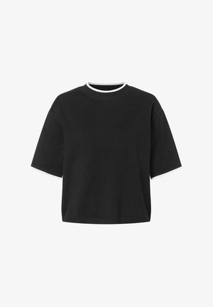 Pull-over noir à manches courtes avec un col rond côtelé et un bord blanc aux manches. Tissu doux, coupe décontractée et ourlet droit.