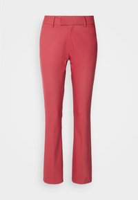 Pantalon corail rose à coupe droite avec passants de ceinture et fermeture éclair à l'avant, présenté sur un fond blanc.