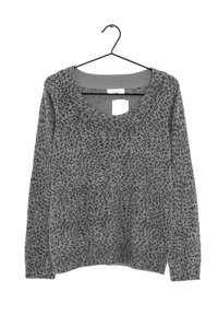 Gray sweater featuring a V-neck, long sleeves, leopard print pattern, and ribbed cuffs and hem. Hangs from a black hook.