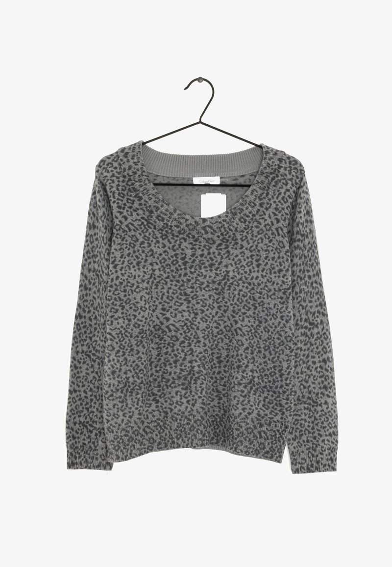 Gray sweater featuring a V-neck, long sleeves, leopard print pattern, and ribbed cuffs and hem. Hangs from a black hook.
