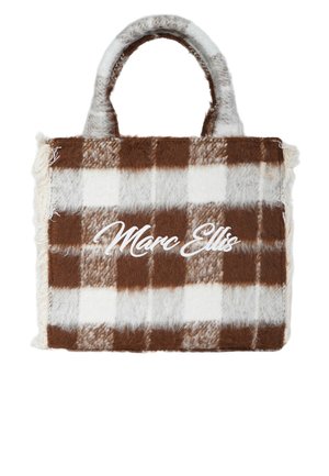 Borsa tote in feltro quadrettata marrone e crema con bordi sfrangiati e doppi manici corti. Presenta la scritta "Marc Ellis" ricamata in bianco.