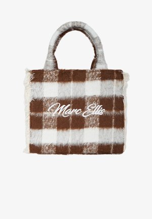 Bruin en crèmekleurige geruite vilten draagtas met franjes aan de randen en twee korte handvatten. Voorzien van "Marc Ellis" wit geborduurd.