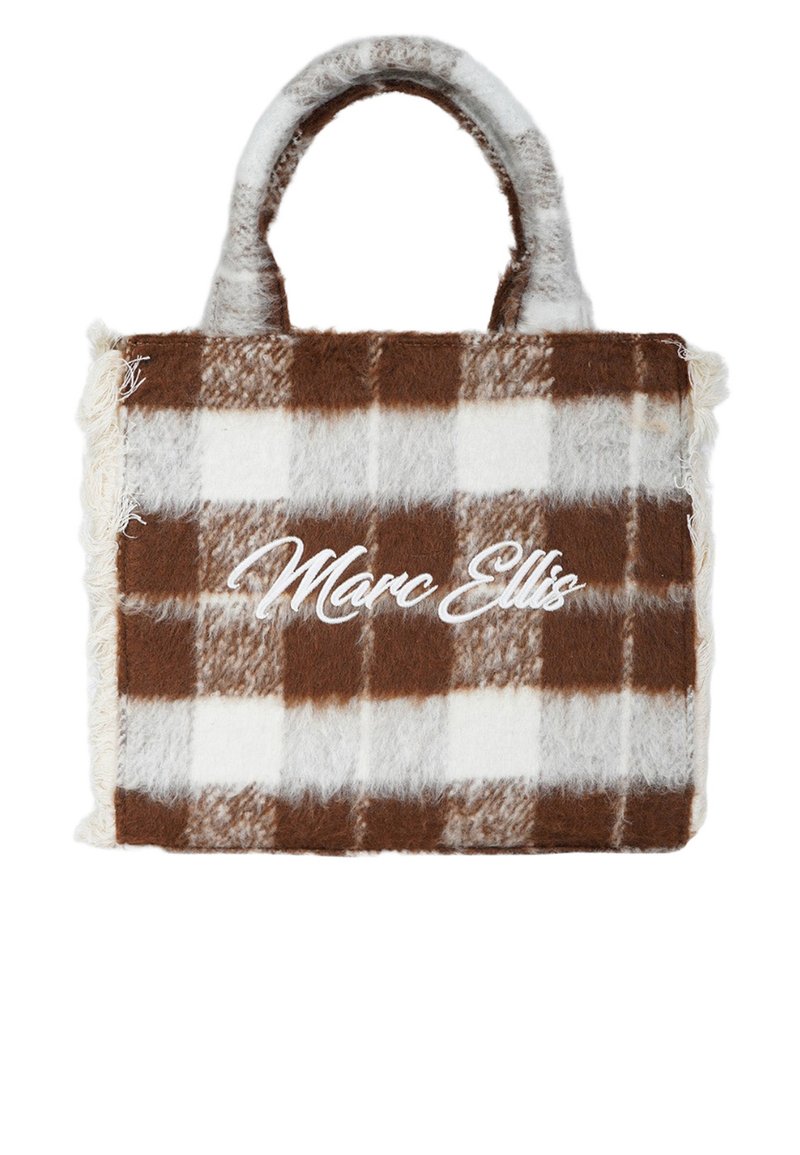 Borsa tote in feltro quadrettata marrone e crema con bordi sfrangiati e doppi manici corti. Presenta la scritta "Marc Ellis" ricamata in bianco.