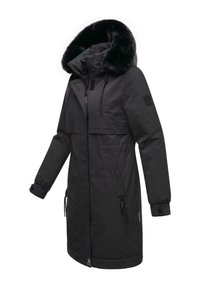 Black parka jacket with a faux fur hood, featuring a zip front, adjustable drawstrings, and two front pockets. Smooth fabric and modern design.
