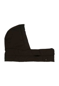 Cappuccio imbottito nero con scaldacollo esteso progettato per protezione in condizioni di freddo, mostrato appiattito su uno sfondo bianco.