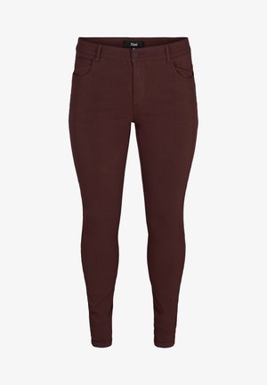 Burgunderfarbene Skinny Jeans aus Baumwollmischgewebe. Mit fünf Taschen, Gürtelschlaufen und einem vorderen Knopfverschluss. Glatte, weiche Textur.
