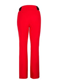 Rote Skihosen mit geradem Schnitt, hohem Bund und schwarzen Akzenten sowie Reißverschlussöffnungen an den Knöcheln für verbesserte Beweglichkeit.