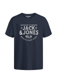 Navy blue cotton t-shirt with a round neck, short sleeves, and a printed design featuring "JACK & JONES" in gray and white text.