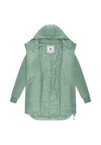 Grön vadderad jacka med huva, med en slät yta, ribbade ärmslut och en hel dragkedja, som visar ett rutigt mönster inuti.