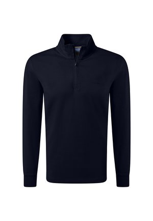 Navy blue zip-neck pullover sweatshirt with long sleeves. Made from soft fabric, features a collar and minimalistic logo detail on the chest.