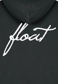 Haut à capuche noir avec une texture douce, présentant un logo cursif blanc brodé "flocat" en évidence au dos.