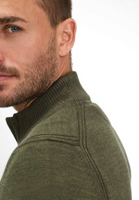 Olivgrüner, gestrickter Pullover mit hohem Kragen, der strukturierten Stoff und dezente Nahtdetails zeigt, präsentiert am Oberkörper eines männlichen Models.