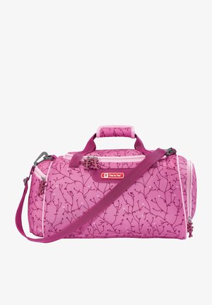 Bolsa de viaje en un vibrante color rosa con un patrón de hojas, con un asa suave, correa de hombro ajustable y dos cremalleras.