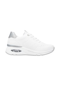 White athletic shoe with a smooth upper, silver accents, and a transparent air cushion in the sole. Features rounded toe and perforated details.