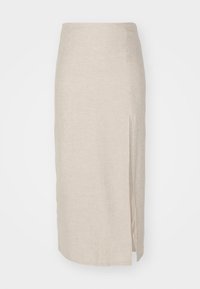 Béžová lněná tužková sukně se střihovým střihem a bočním rozparkem. Jednoduchý design s hladkou texturou a bez viditelného kování nebo vzorů.