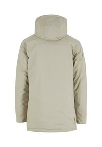 Ljusbeige isolerad jacka med huva, som har en mjuk textur och en enkel design. Bakvy med sömdetaljer och inga synliga knäppningar.