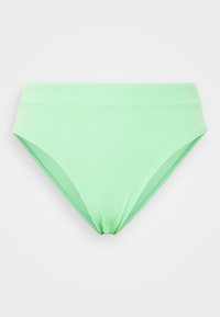 Lichtgroene bikinionderkant van een textuurstof, met een high-waisted design en een gladde tailleband. Geen patronen of extra accenten zichtbaar.