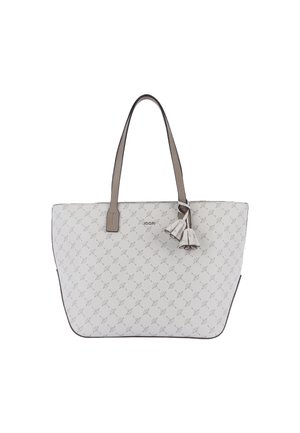Borsa a spalla in materiale testurizzato di colore crema con un motivo sottile; presenta maniglie lunghe e accenti decorativi con nappine.
