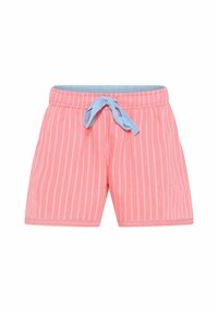 Lichtroze zwembroek met witte verticale strepen, elastische tailleband en blauwe koord. Kenmerkt zich door een gladde textuur en korte lengte.