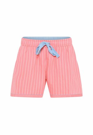 Lichtroze zwembroek met witte verticale strepen, elastische tailleband en blauwe koord. Kenmerkt zich door een gladde textuur en korte lengte.