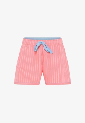 Shorts de bain rose clair avec des rayures verticales blanches, taille élastique et cordon de serrage bleu. Présente une texture lisse et une longueur courte.