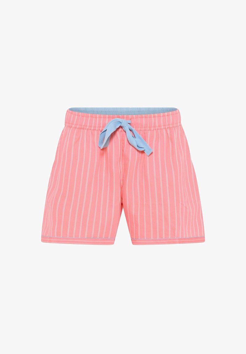 Lichtroze zwembroek met witte verticale strepen, elastische tailleband en blauwe koord. Kenmerkt zich door een gladde textuur en korte lengte.