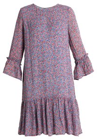 Robe à imprimé floral en bleu, rose et rouge. Caractérisée par un col rond, des manches évasées trois-quarts et un ourlet à volants à étages. Tissu léger.