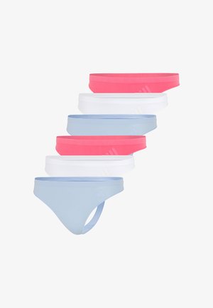 Sechs Damenbikinislips in drei Farben: zwei hellblau, zwei weiß und zwei rosa, in gestapelter Anordnung präsentiert.