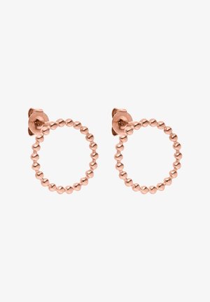 Paire de petites boucles d’oreilles en or rose en forme de cercles ouverts composés de perles rondes espacées régulièrement.