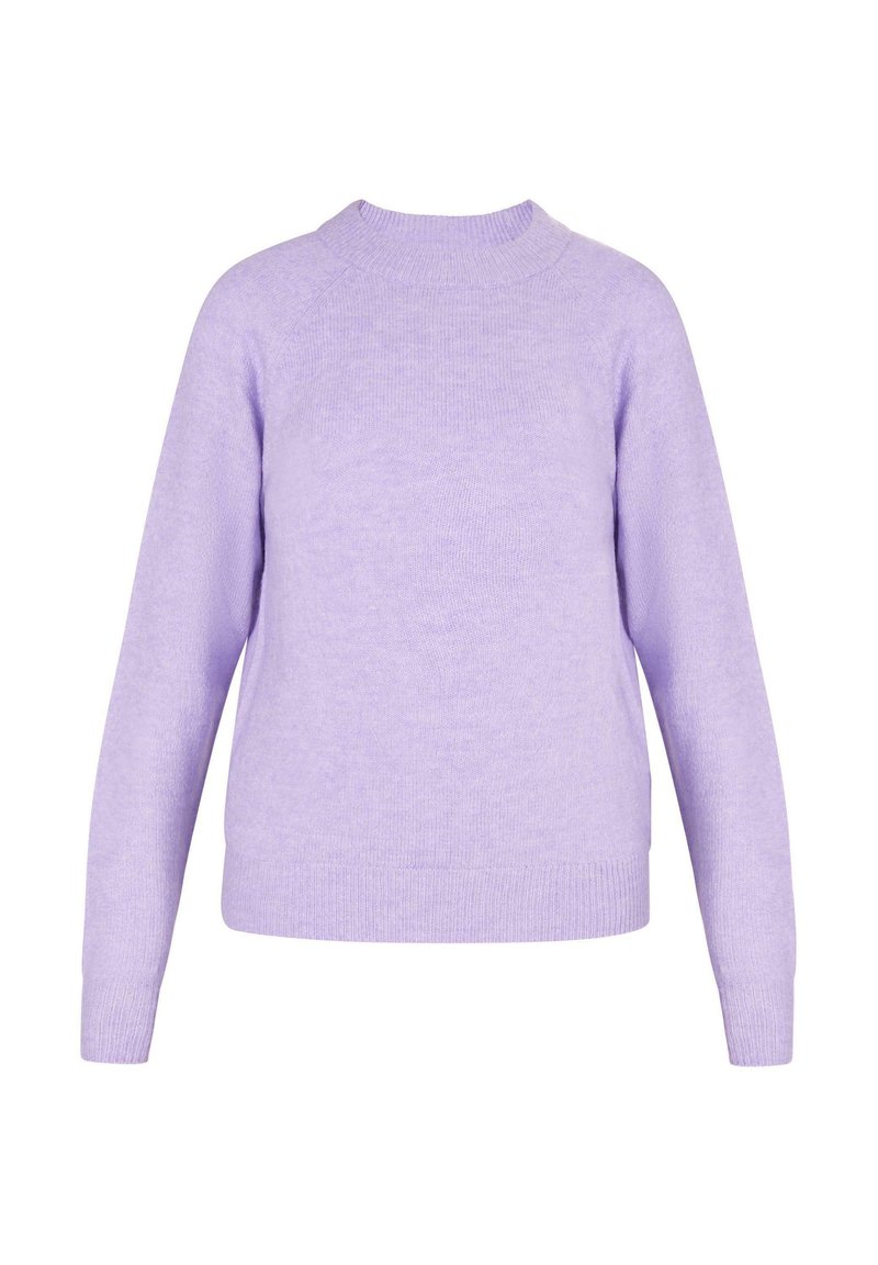 Lila langärmliger Rundhalsausschnitt Pullover mit gerippten Bündchen und Saum, aus weichem Strickstoff gefertigt.