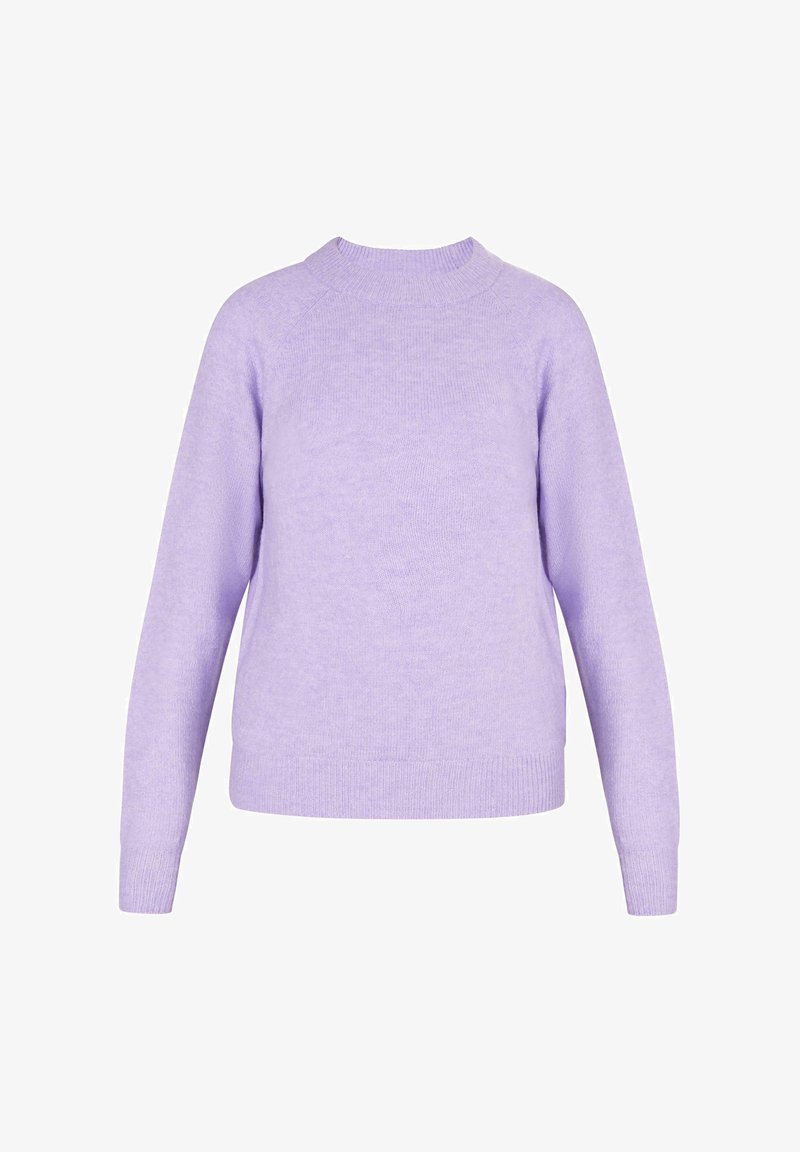 Lila langärmliger Rundhalsausschnitt Pullover mit gerippten Bündchen und Saum, aus weichem Strickstoff gefertigt.