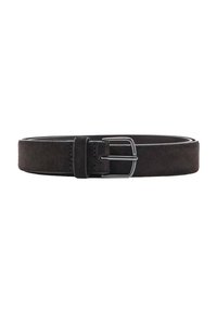 Cintura in suede marrone scuro con una texture liscia, dotata di una fibbia in metallo argentato e un design classico. Semplice e versatile per vari outfit.
