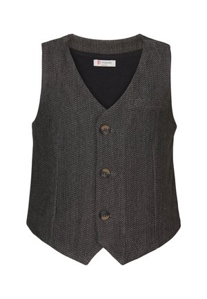 Schwarze Fischgrät-Weste mit V-Ausschnitt, vier braunen Knöpfen und seitlichen Taschen. Aus strukturiertem Stoff mit taillierter Passform.