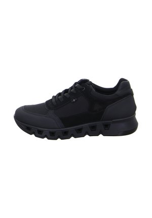 Black athletic shoes with a combination of mesh and suede materials, featuring a textured sole and lace-up design.