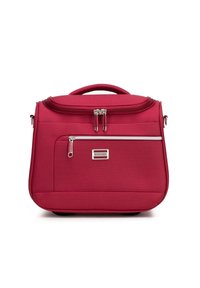 Borsa strutturata rossa realizzata in materiale testurizzato, dotata di manico superiore, tasca frontale con zip e logo del marchio in argento.