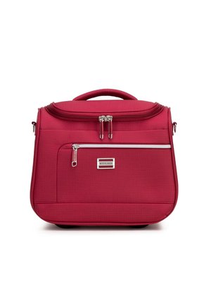 Borsa strutturata rossa realizzata in materiale testurizzato, dotata di manico superiore, tasca frontale con zip e logo del marchio in argento.