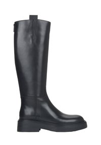 Zwarte leren hoge laarzen tot de knie met een gladde afwerking, ronde neus en dikke rubberen zool. Voorzien van een treklipje aan de achterkant voor gemakkelijk aan- en uittrekken.