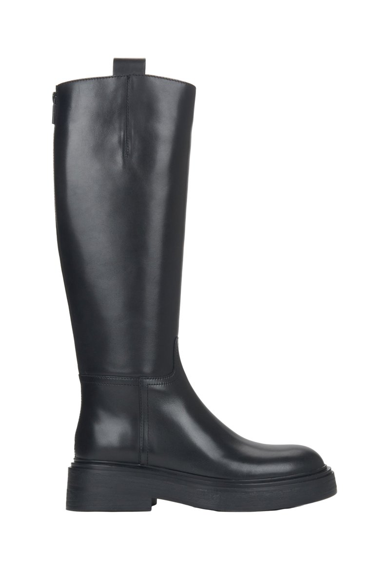Zwarte leren hoge laarzen tot de knie met een gladde afwerking, ronde neus en dikke rubberen zool. Voorzien van een treklipje aan de achterkant voor gemakkelijk aan- en uittrekken.