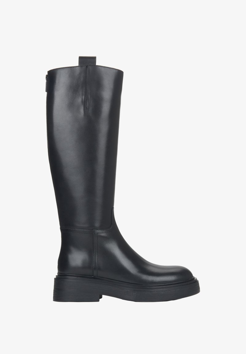 Zwarte leren hoge laarzen tot de knie met een gladde afwerking, ronde neus en dikke rubberen zool. Voorzien van een treklipje aan de achterkant voor gemakkelijk aan- en uittrekken.